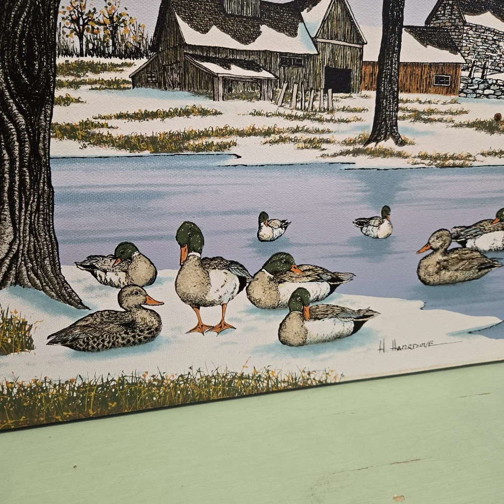 Hargrove Duck & Pond Landscape Canvas Painting 16x12" Vintage - Picture 2 of 5